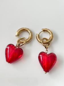 boucles Coeur verre rouge doré